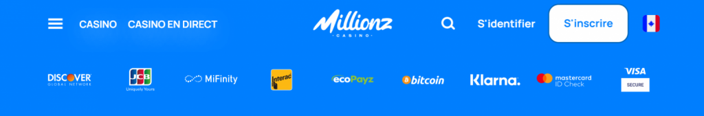dépôt et retrait Millionz Casino